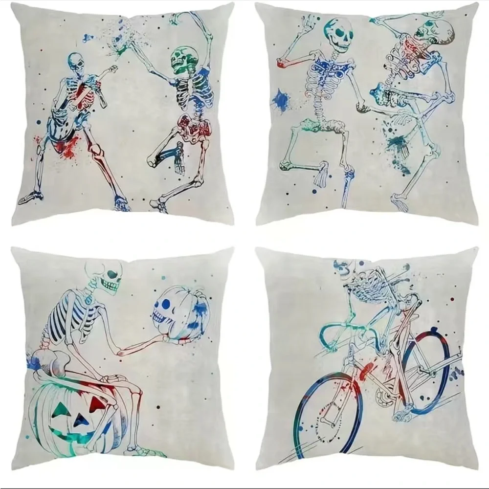4pcs, Encrypted Linen Printed Pillowcases, Skull Haunted House Bone Frame Letter
